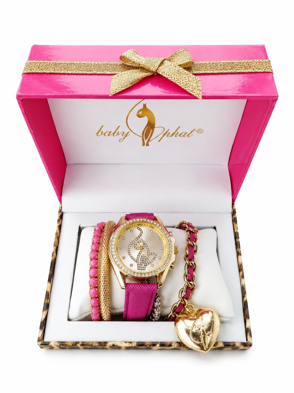 Baby Phat Pink & Gold Rhinestone Watch Bracelet Set In Box